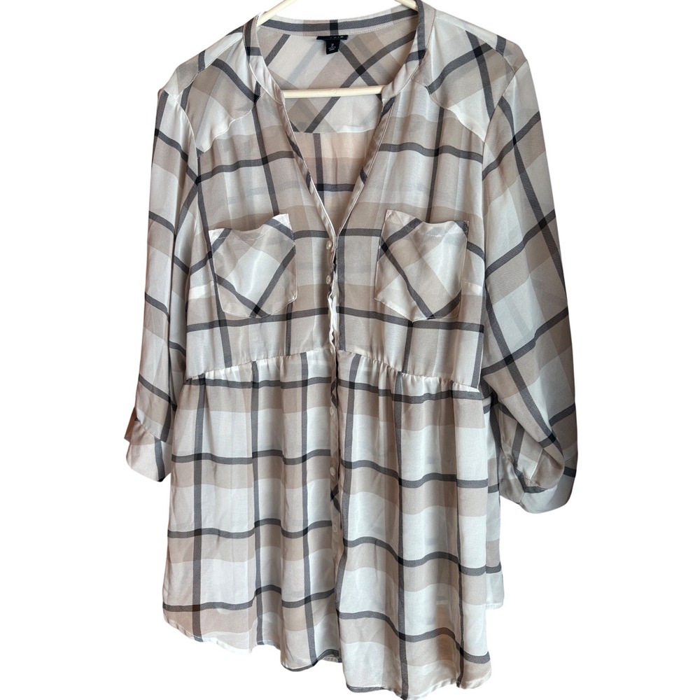 Torrid Plaid Tunic Shirt Button Front Empire Waist 3/4 Sleeve Women's Size 2